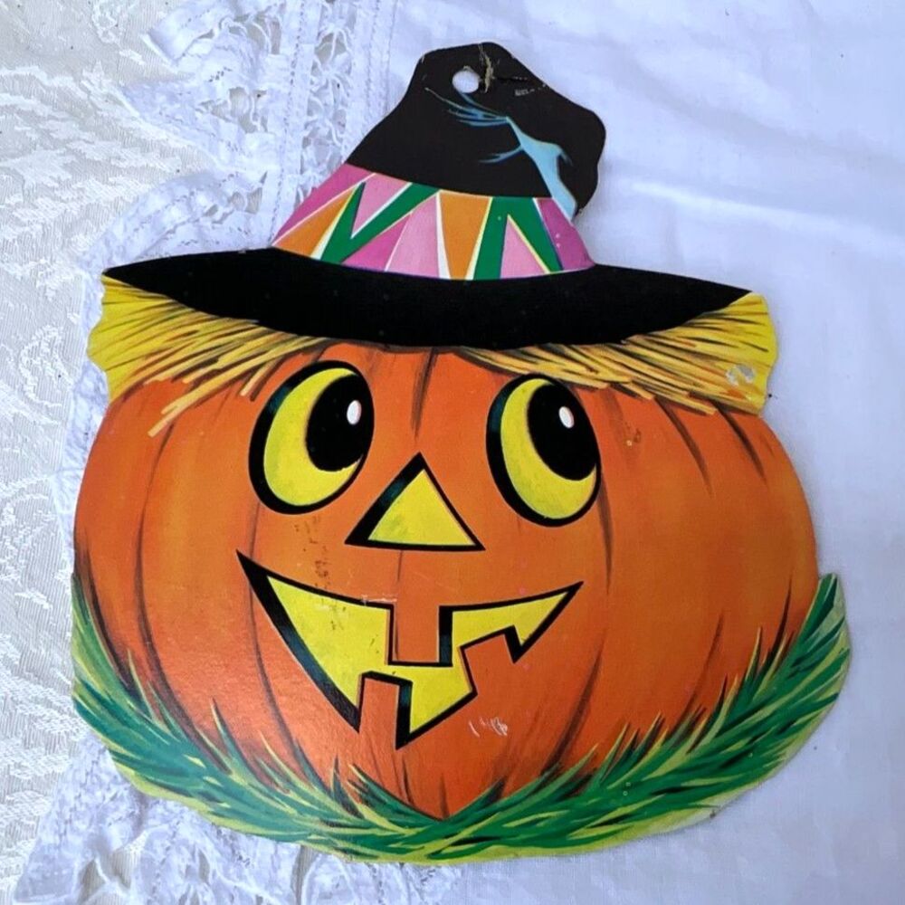 4 vintage Halloween window die cut paper decorations pumpkins, cat, hay stack - Picture 4 of 11